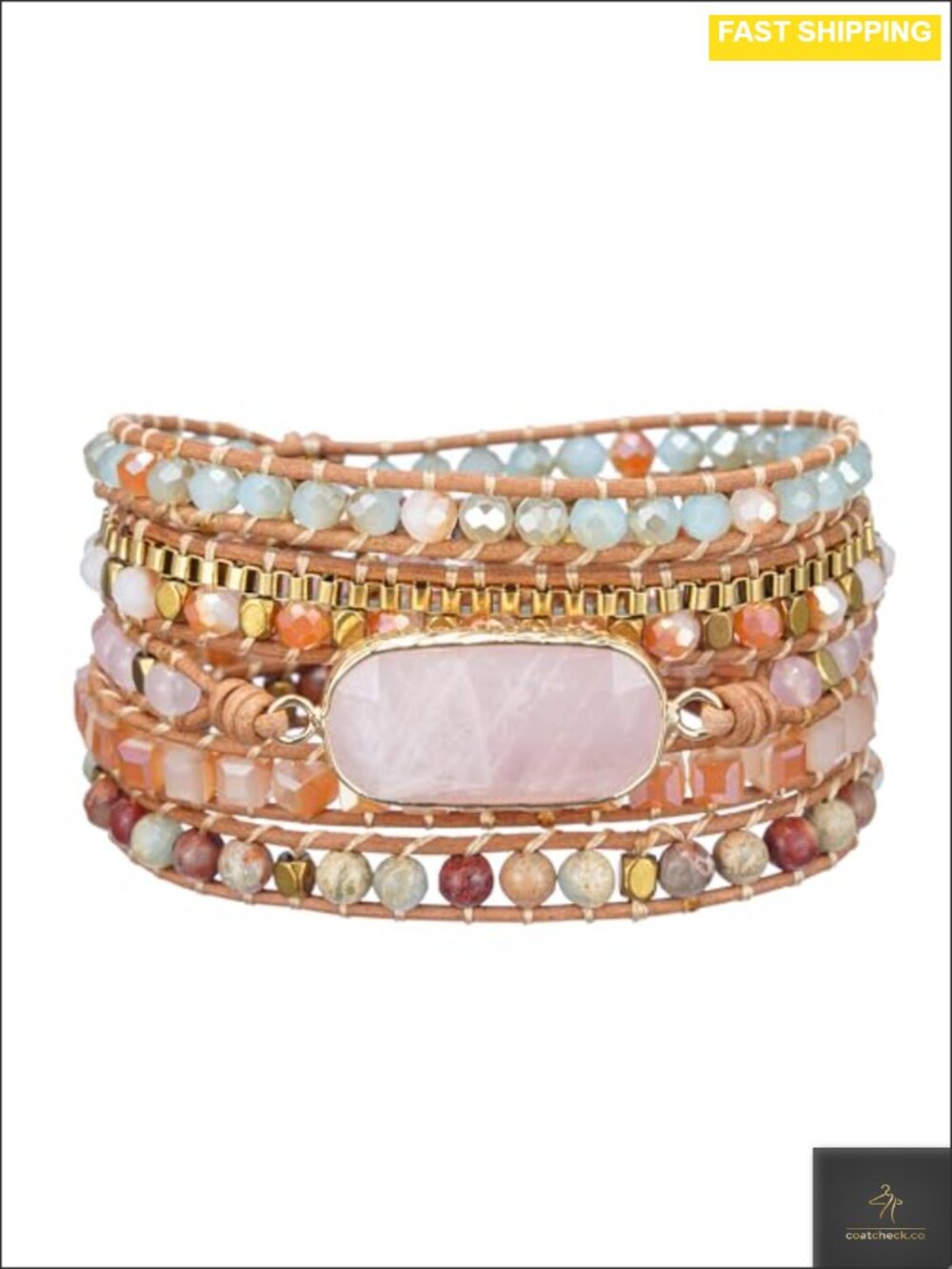 Natural Rose Quartz Wrap Bracelet Boho Leather Cord Adjustable